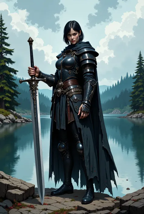 In RPG style, in style of Dungeons & Dragons, in style of fantasy painting. Full body view, looking at the viewer. Image of a female warrior, holding a sword with dark narrow blade. Dark Armor. Short cloak. Dark pants. High leather boots with small heels. ...