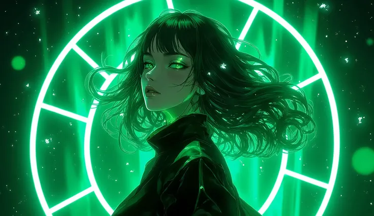 extremely detailed CG, high resolution, best quality, masterpiece,
Bathed in electric green light, a striking figure emerges from the darkness. Luminous green eyes pierce through the shadows like neon beacons, while holographic elements dance through her ...