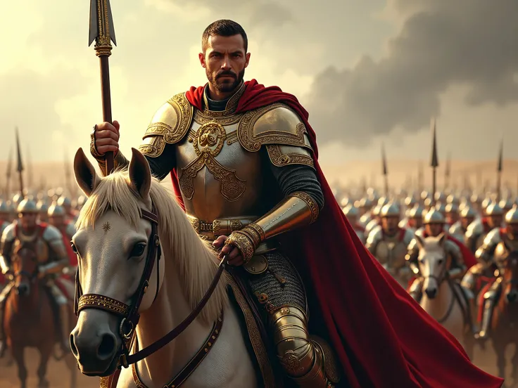 Putting together a large army， medieval knight ，Ride a horse，general，gold ornament， Luxurious Armor，Wave a spear， paladin，Military Commander，Dignity