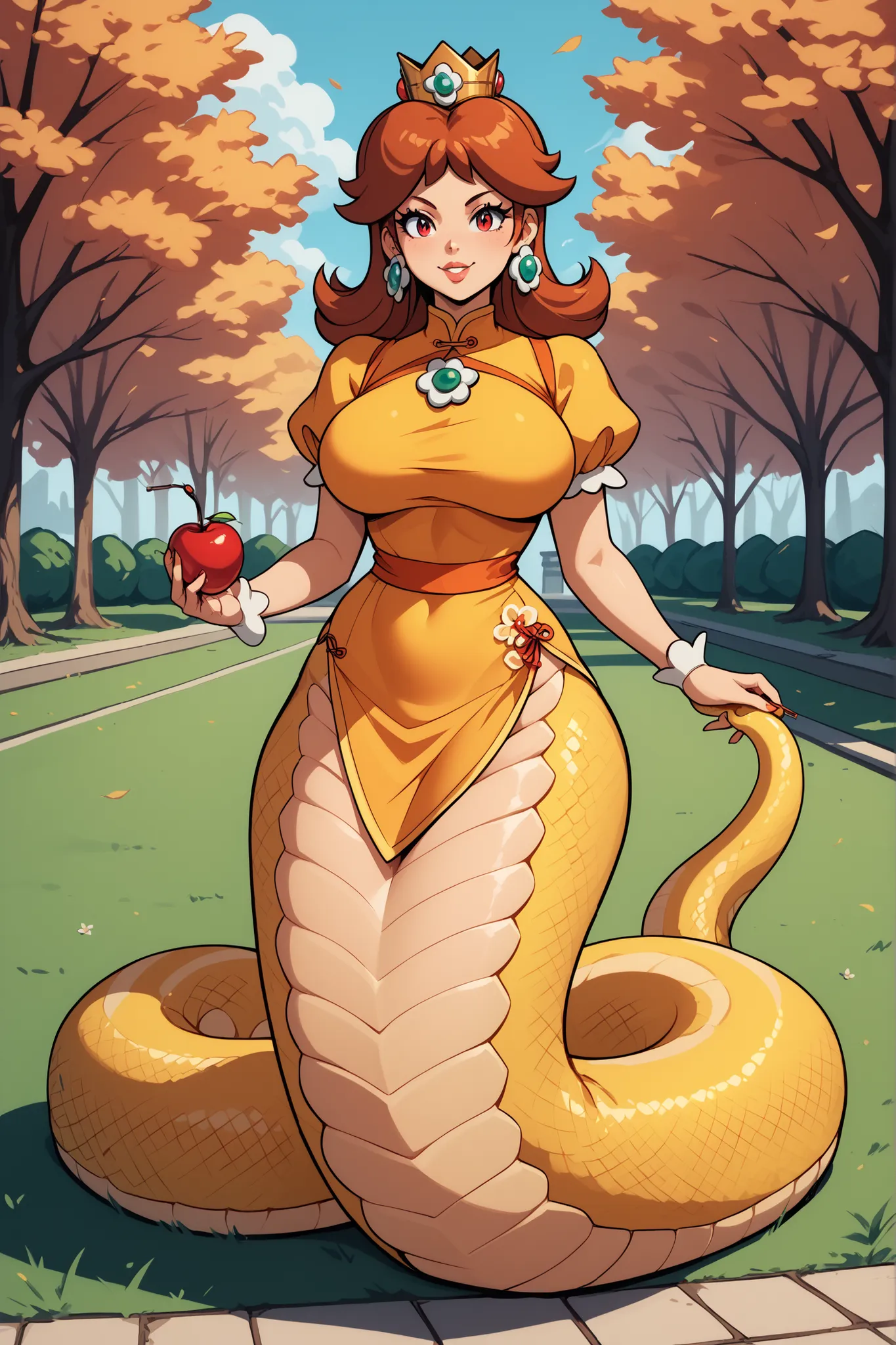 Princess Daisy, A girl, Alone, High resolution, 8K, perfect face, full body, big breasts, thin waist, large hips, mujer sensual, Waifus, hot, ecchi, hentai,  Sexy Cartoon , drawing, anime-style, red chinese clothes, lamia,  yellow snake tail with orange st...
