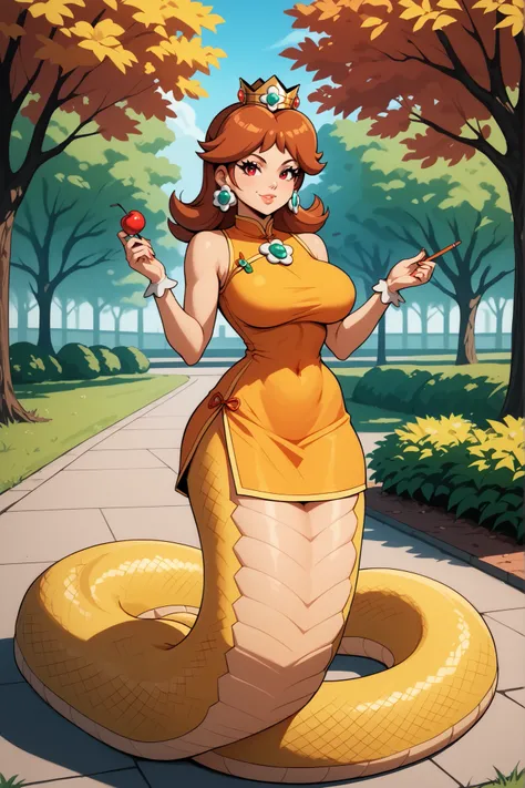 Princess Daisy, A girl, Alone, High resolution, 8K, perfect face, full body, big breasts, thin waist, large hips, mujer sensual, Waifus, hot, ecchi, hentai,  Sexy Cartoon , drawing, anime-style, red chinese clothes, lamia,  yellow snake tail with orange st...