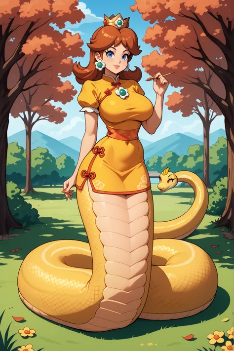 Princess Daisy, A girl, Alone, High resolution, 8K, perfect face, full body, big breasts, thin waist, large hips, mujer sensual, Waifus, hot, ecchi, hentai,  Sexy Cartoon , drawing, anime-style, red chinese clothes, lamia,  yellow snake tail with orange st...