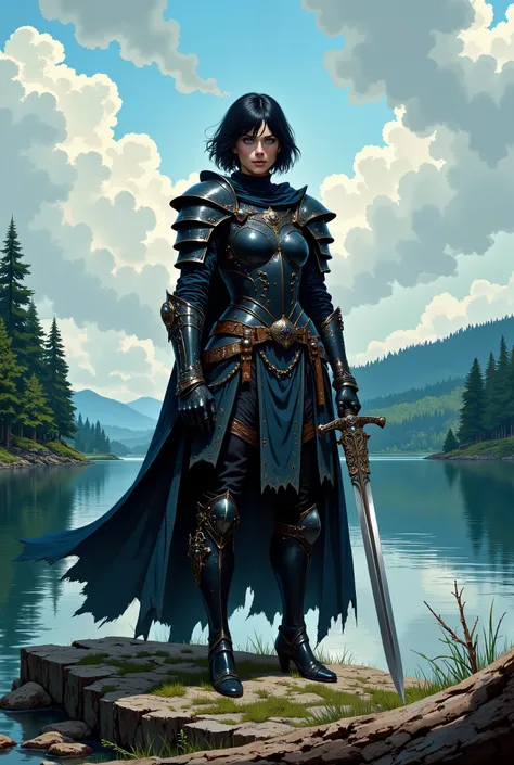 In RPG style, in style of Dungeons & Dragons, in style of fantasy painting. Full body view, looking at the viewer. Image of a female warrior, holding a sword with dark narrow blade. Dark Armor. Short cloak. Dark pants. High leather boots with small heels. ...