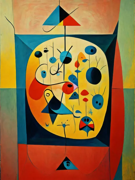 Abstract Joan miró style, expresionism, drawing style, minimalistic, muted colors, artistic composition, triangle, cube, circle, amoeba, virus,