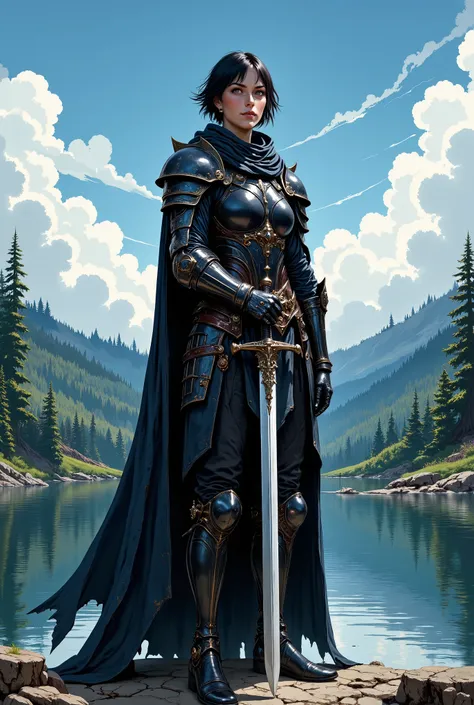 In RPG style, in style of Dungeons & Dragons, in style of fantasy painting. Full body view, looking at the viewer. Image of a female warrior, holding a sword with dark narrow blade. Dark Armor. Short cloak. Dark pants. High leather boots with small heels. ...