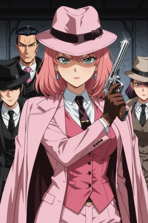 necktie, gloves, suit, fedora, shirt, vest, coat,mafi4,pequena garota de anime com longos cabelos brancos e homens da Mafia atrás, ambiente escuro, Bad Badass Girl, Digital Anime Art , female garota anime , garota anime, Girl with pink hair, Hoodie Anime A...
