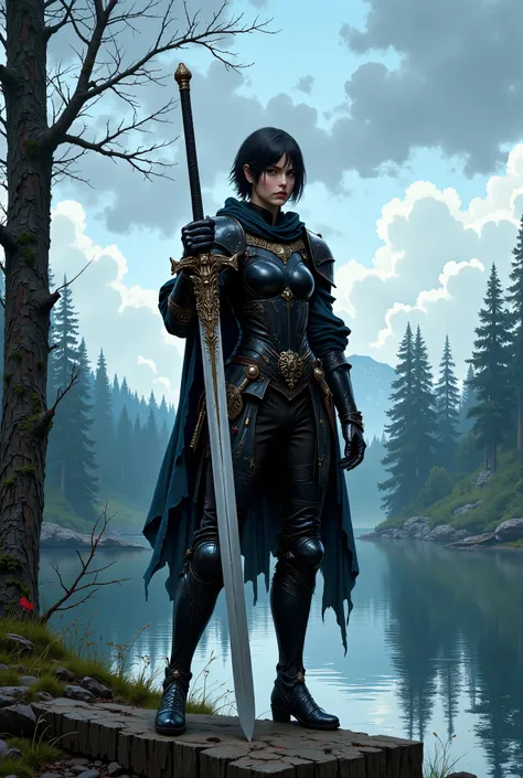 In RPG style, in style of Dungeons & Dragons, in style of fantasy painting. Full body view, looking at the viewer. Image of a female warrior, holding a sword with dark narrow blade. Dark Armor. Short cloak. Dark pants. High leather boots with small heels. ...