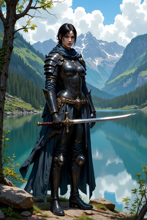 In RPG style, in style of Dungeons & Dragons, in style of fantasy painting. Full body view, looking at the viewer. Image of a female warrior, holding a sword with dark narrow blade. Dark Armor. Short cloak. Dark pants. High leather boots with small heels. ...