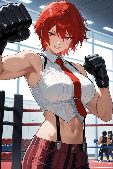 score_9, score_8_up, score_7_up, score_6_up, source_anime, BREAK masterpiece,   VanessaKOF, red hair, short hair,toned,sleeveless shirt, red necktie, black gloves, striped pants, navel, suspenders, gym, flowing hair, seductive smile, punching, parted lips,...