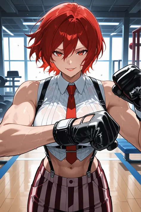 score_9, score_8_up, score_7_up, score_6_up, source_anime, BREAK masterpiece,   VanessaKOF, red hair, short hair,toned,sleeveless shirt, red necktie, black gloves, striped pants, navel, suspenders, gym, flowing hair, seductive smile, punching, parted lips,...