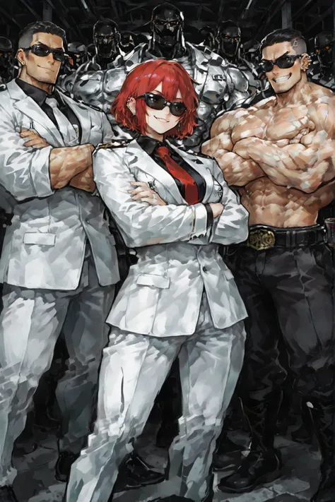 center of picture、((Girl in a white suit、An army of muscular guys with high school physiques、red hair、short hair、piercings、can see sharp eyesight through edgy sunglasses、Raise your cheeks and smile、Sawtooth、standing with arms crossed、Boss style))

behind a...