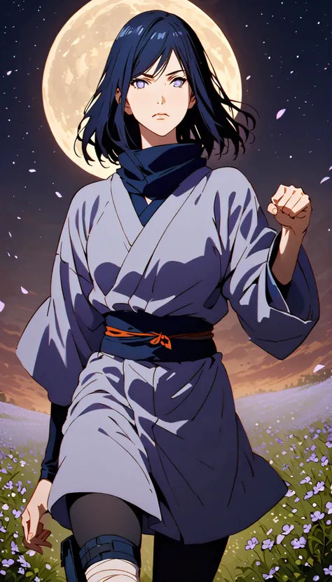 (((IZUMI NASE))), a feminine woman, walking confidently through a field filled with violet flowers, at night, moon background, Style should closely match Naruto or other shounen anime, with accurate anatomy, realistic facial proportions, and clean linework...