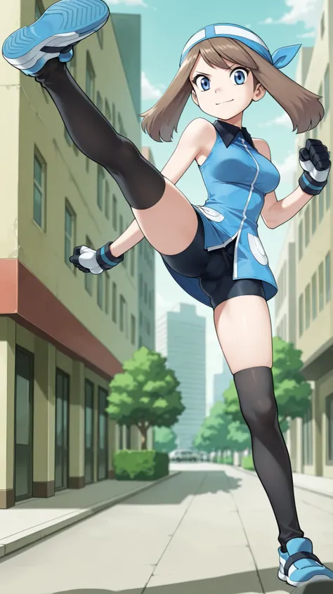 adult older sister, Tall, big boobs, high kick, Kick the viewer, black knee-high stockings, Absolute region, thighs, Beautiful legs, Beautiful legs, Blue shoes, ((anime screenshot, anime cong, )) SapphireBirchILXL, ((top quality)), ((masterpiece)), ((detai...