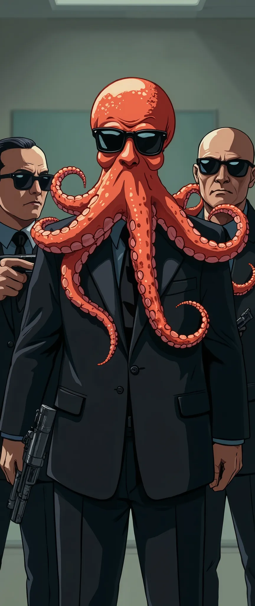 high resolution images in front of the teacher,the boss in the mafia is an octopus、surrounded by 4 subordinates with machine guns in black sunglasses and black clothes、The laughing boss octopus