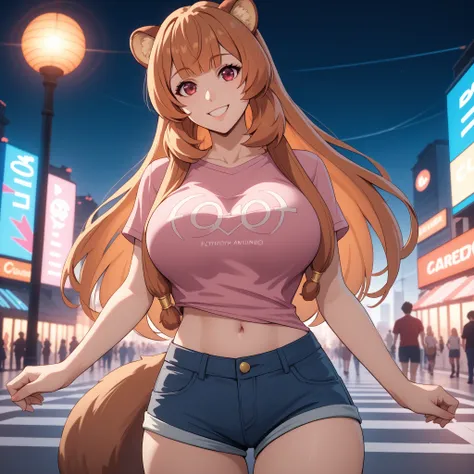 raphtalia ,  orange hair  ,Red Eyes, animal ears , cheerful look, radiant smile, curvy figure and big breasts, short pink t-shirt  , denim shorts  , highlighting her silhouette, Background a city Berlin Germany. Luminous. warm and soft lighting, highlighti...