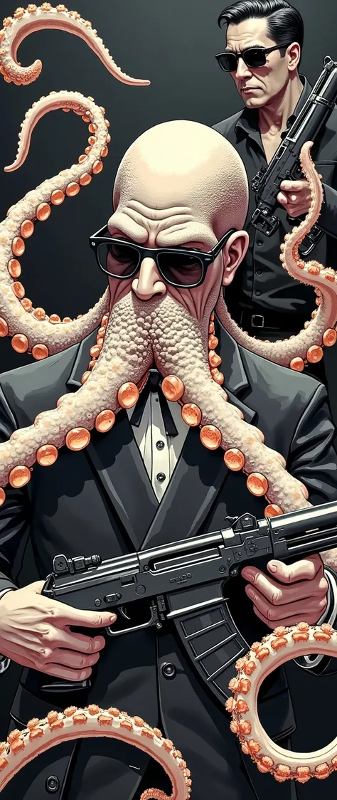 high res image、The mafia boss is an octopus、surrounded by 4 subordinates with black sunglasses and machine guns dressed in black、The laughing boss octopus