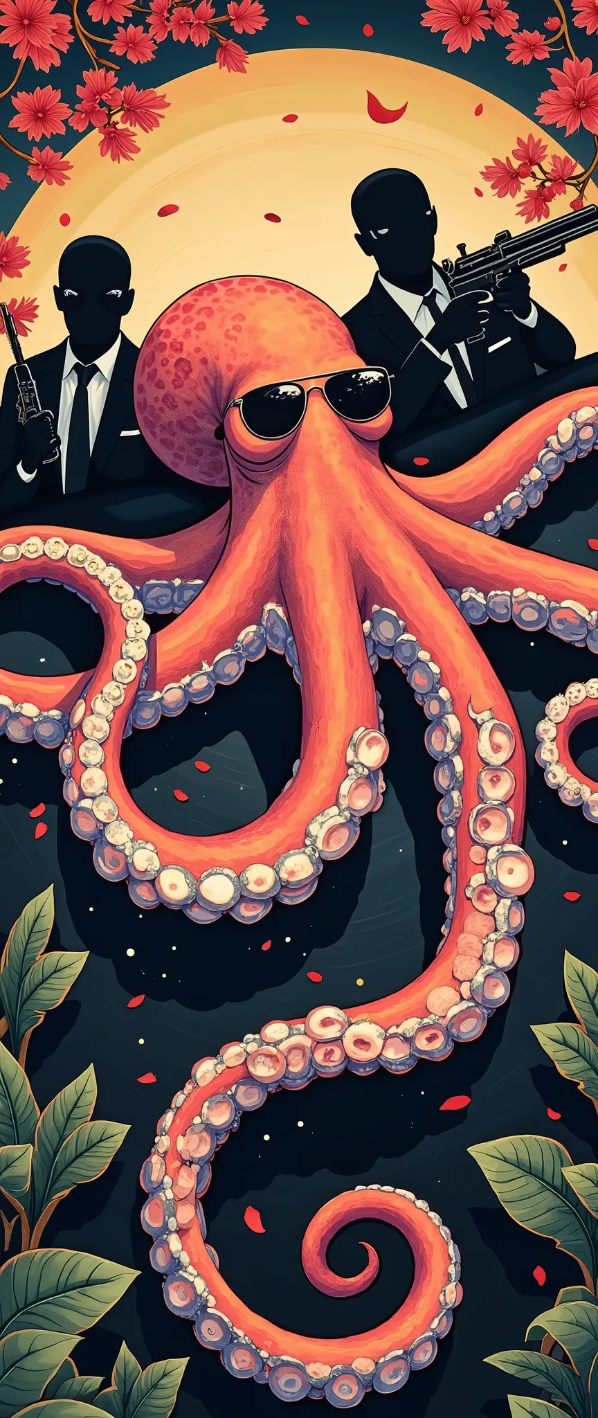 high res image、The mafia boss is an octopus、surrounded by 4 subordinates with black sunglasses and machine guns dressed in black、The laughing boss octopus