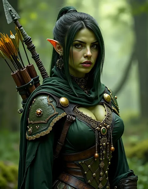This image features a detailed, medium shot of a female orc character with a fantasy huntress aesthetic, set against a verdant forest background. She appears to have green skin, suggesting she might be an orc, though her features are distinctly human-like ...