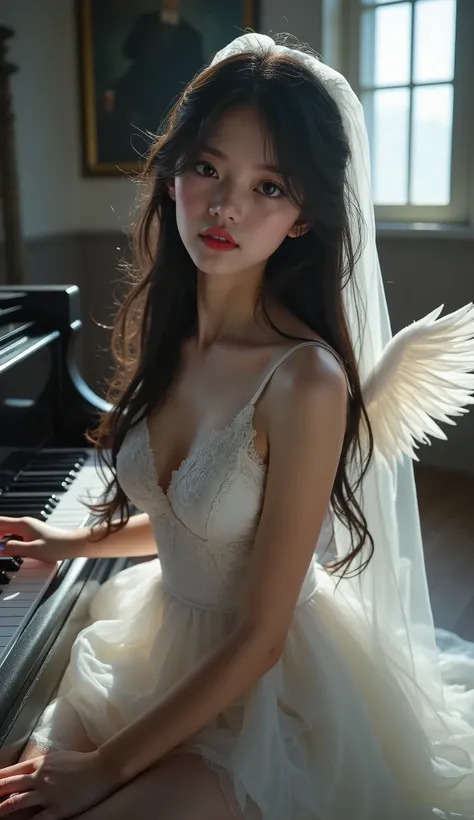perfect detailed eyes,1tsnh1,realistic,masterpiece, best quality, good quality, very aesthetic, absurdres, newest, 8K, depth of field, focused subject, visual storytelling, 1girl, solo, long black hair, white wedding dress, sitting at grand piano, flying s...