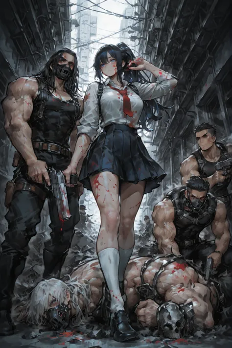 Angles from Below（boss、high school girl、dark haired、ponytail、blue eyes、An army of muscular men with young expressions but sharp eyesight、I raise my cheeks and laugh、Sawtooth、bossの風格、Blood on your face and clothes、handgun in hand、shooting a muzzle at a fall...