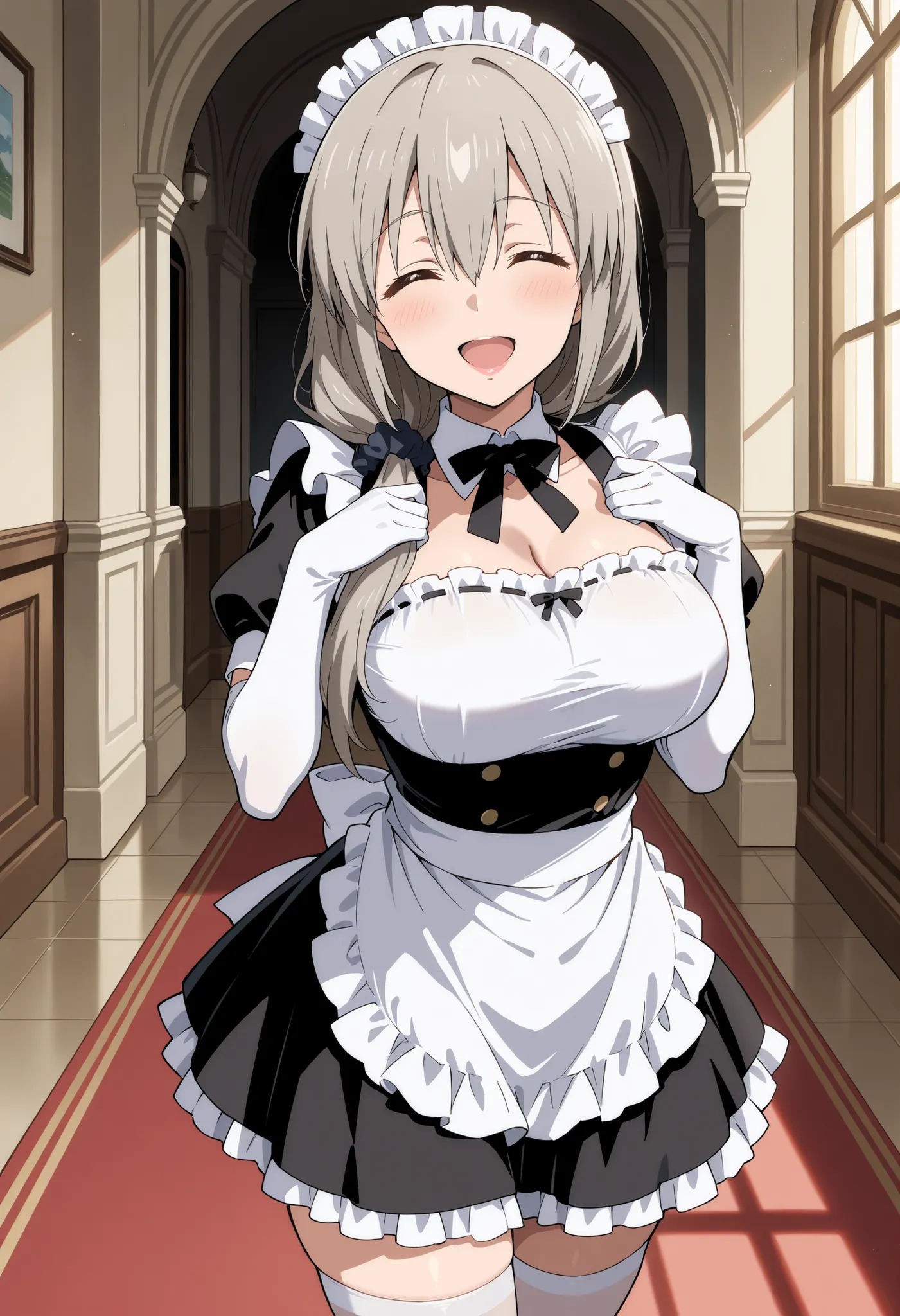 Score_9, score_8_up, score_7_up, source_anime, Tsuki Uzaki, solo, mature female, grey hair, hair over shoulder, hair scrunchie, hair ornament, hair between eyes, bangs, closed eyes, ^_^, large breasts, (best quality), (high quality), {masterpiece}, extreme...