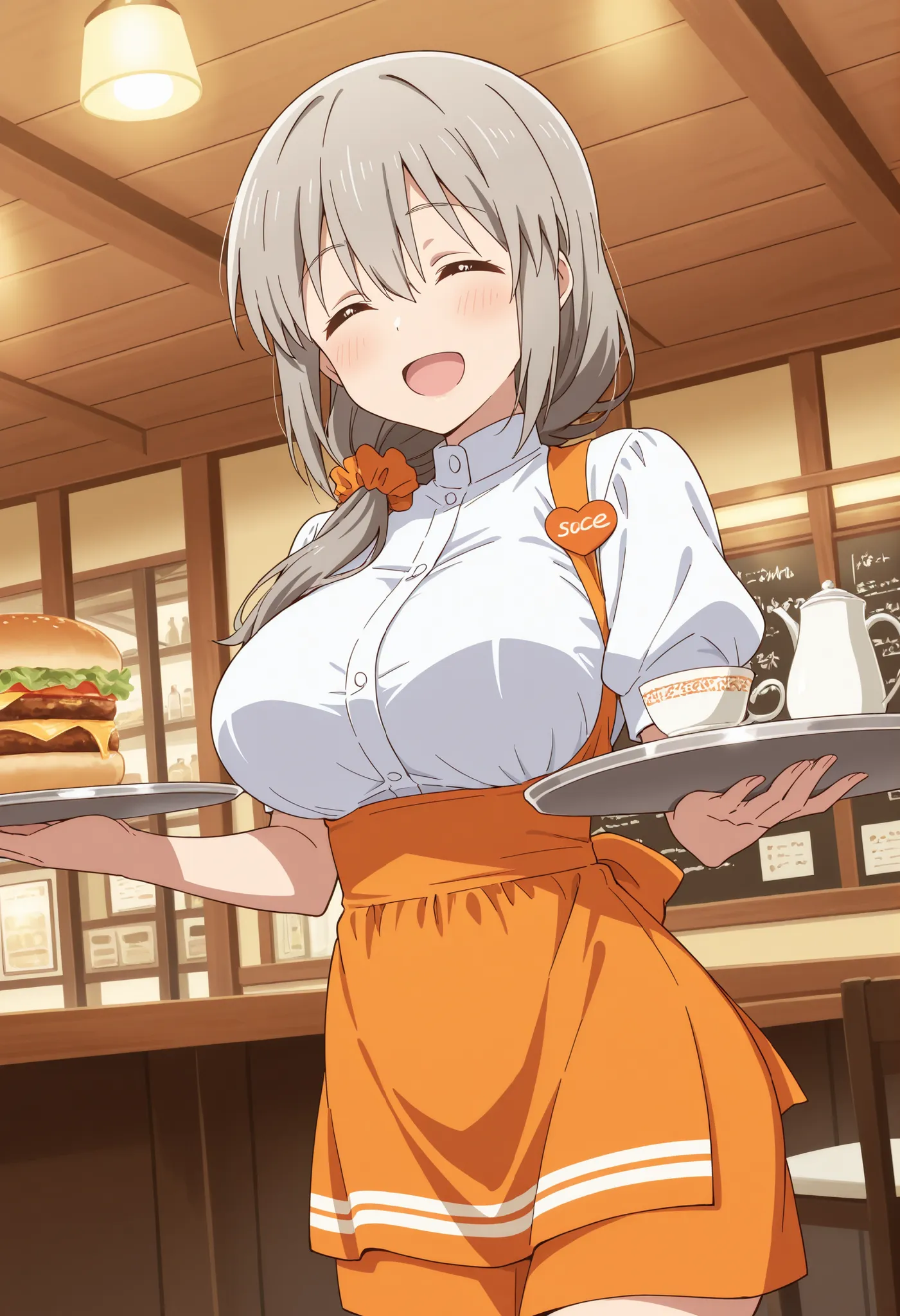 Score_9, score_8_up, score_7_up, source_anime, Tsuki Uzaki, solo, mature female, grey hair, hair over shoulder, hair scrunchie, hair ornament, hair between eyes, bangs, closed eyes, ^_^, large breasts, (best quality), (high quality), {masterpiece}, extreme...