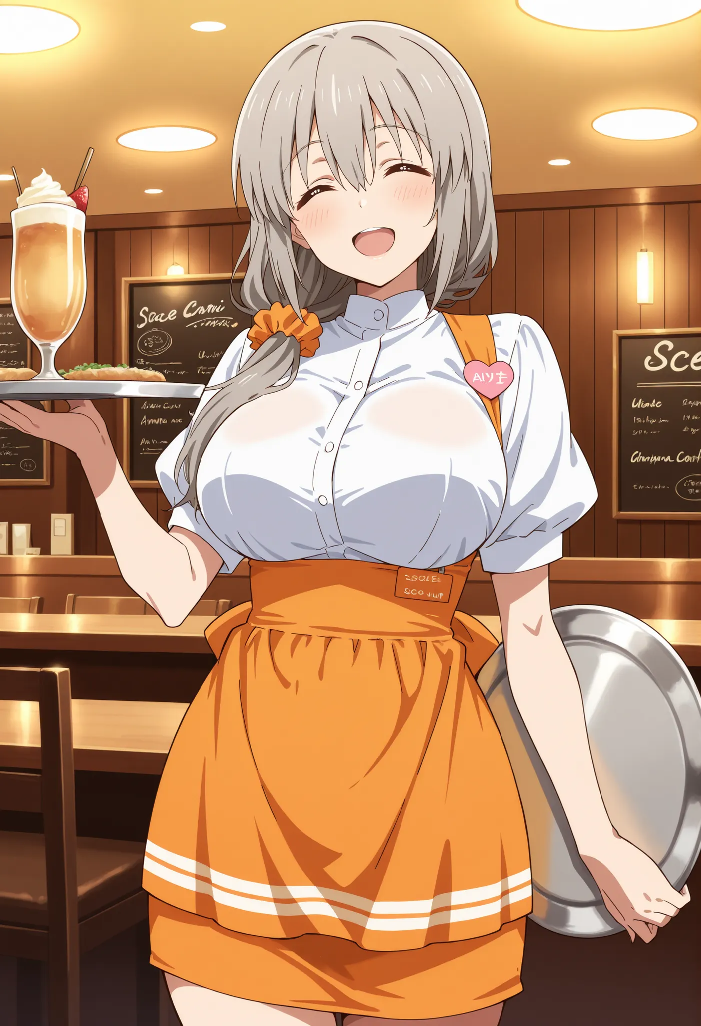 Score_9, score_8_up, score_7_up, source_anime, Tsuki Uzaki, solo, mature female, grey hair, hair over shoulder, hair scrunchie, hair ornament, hair between eyes, bangs, closed eyes, ^_^, large breasts, (best quality), (high quality), {masterpiece}, extreme...