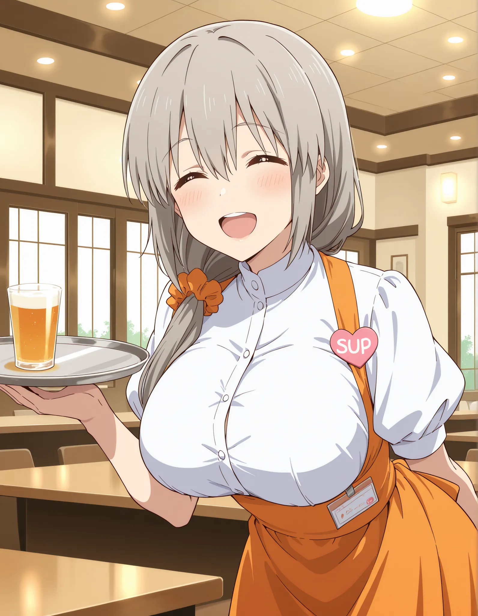 Score_9, score_8_up, score_7_up, source_anime, Tsuki Uzaki, solo, mature female, grey hair, hair over shoulder, hair scrunchie, hair ornament, hair between eyes, bangs, closed eyes, ^_^, large breasts, (best quality), (high quality), {masterpiece}, extreme...