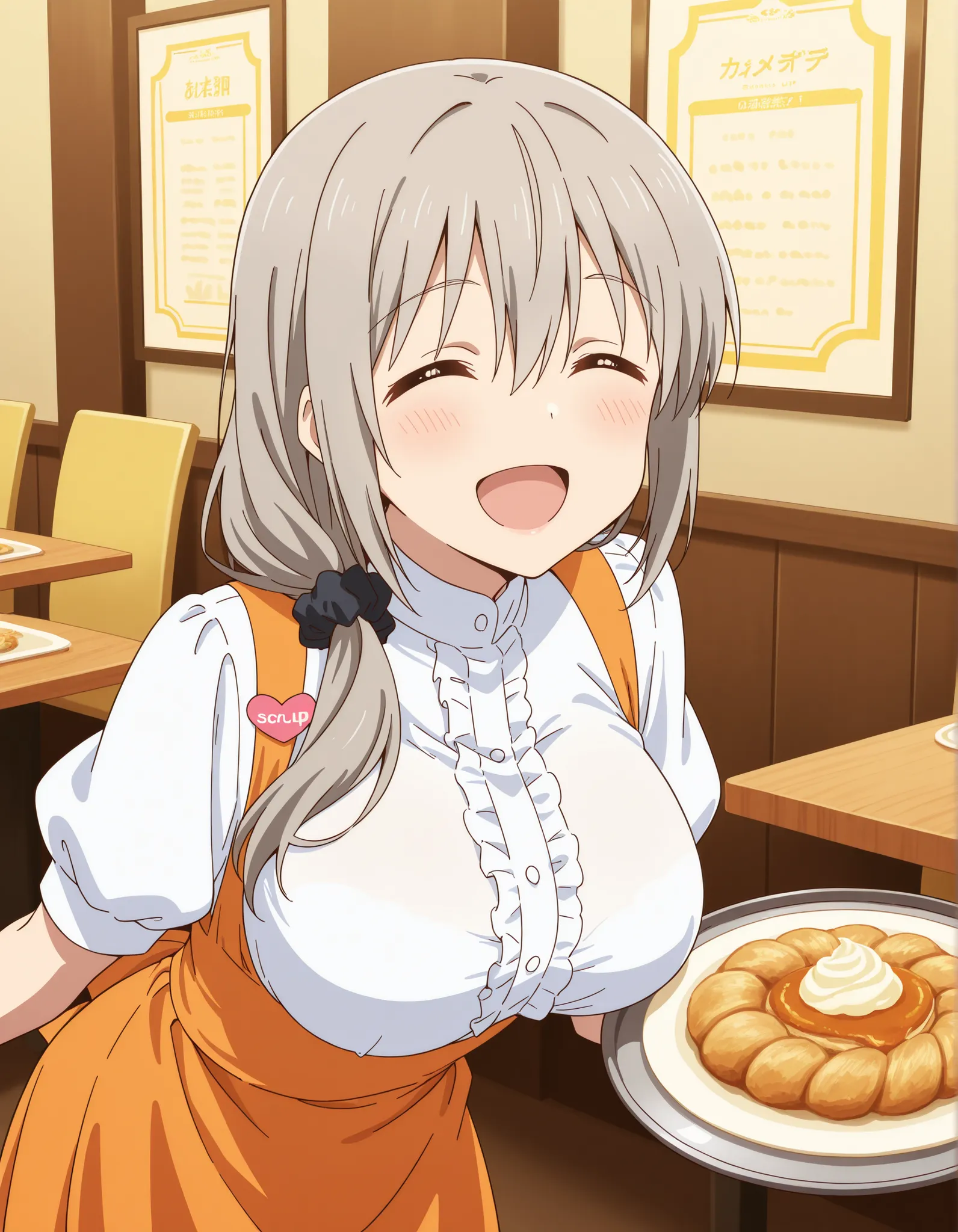 Score_9, score_8_up, score_7_up, source_anime, Tsuki Uzaki, solo, mature female, grey hair, hair over shoulder, hair scrunchie, hair ornament, hair between eyes, bangs, closed eyes, ^_^, large breasts, (best quality), (high quality), {masterpiece}, extreme...