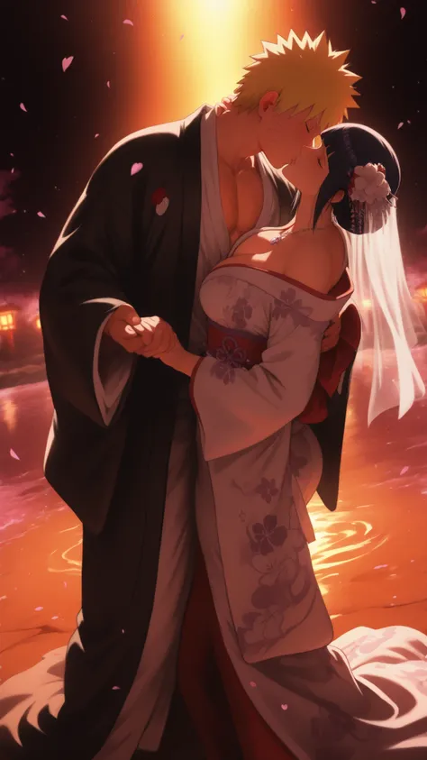 flat color, WaifuDiffusionStyle, neutral background, white splash stylized outline background 1girl, mature_woman, nose, hyuuga_hinata, black_hair, straight_hair, bridal_updo, flower_hairpiece, veil, wedding_kimono, white_kimono, floral_pattern, off_should...