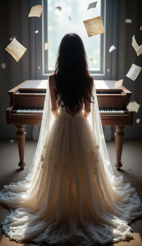 aidmaimageupgrader,perfect detailed eyes,1tsnh1,realistic,masterpiece, best quality, good quality, very aesthetic, absurdres, newest, 8K, depth of field, focused subject, visual storytelling, 1girl, solo, long black hair, white wedding dress, sitting at gr...