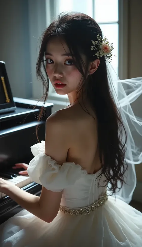 detailed eyes,1tsnh1,realistic,masterpiece, best quality, good quality, very aesthetic, absurdres, newest, 8K, depth of field, focused subject, visual storytelling, 1girl, solo, long black hair, white wedding dress, sitting at grand piano, flying sheet mus...