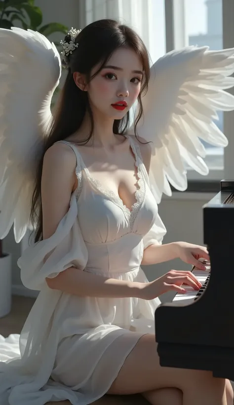 1tsnh1,realistic,masterpiece, best quality, good quality, very aesthetic, absurdres, newest, 8K, depth of field, focused subject, visual storytelling, 1girl, solo, long black hair, white wedding dress, sitting at grand piano, flying sheet music, flowing ve...