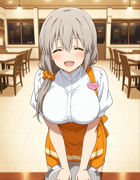 Score_9, score_8_up, score_7_up, source_anime, Tsuki Uzaki, solo, mature female, grey hair, hair over shoulder, hair scrunchie, hair ornament, hair between eyes, bangs, closed eyes, ^_^, large breasts, (best quality), (high quality), {masterpiece}, extreme...