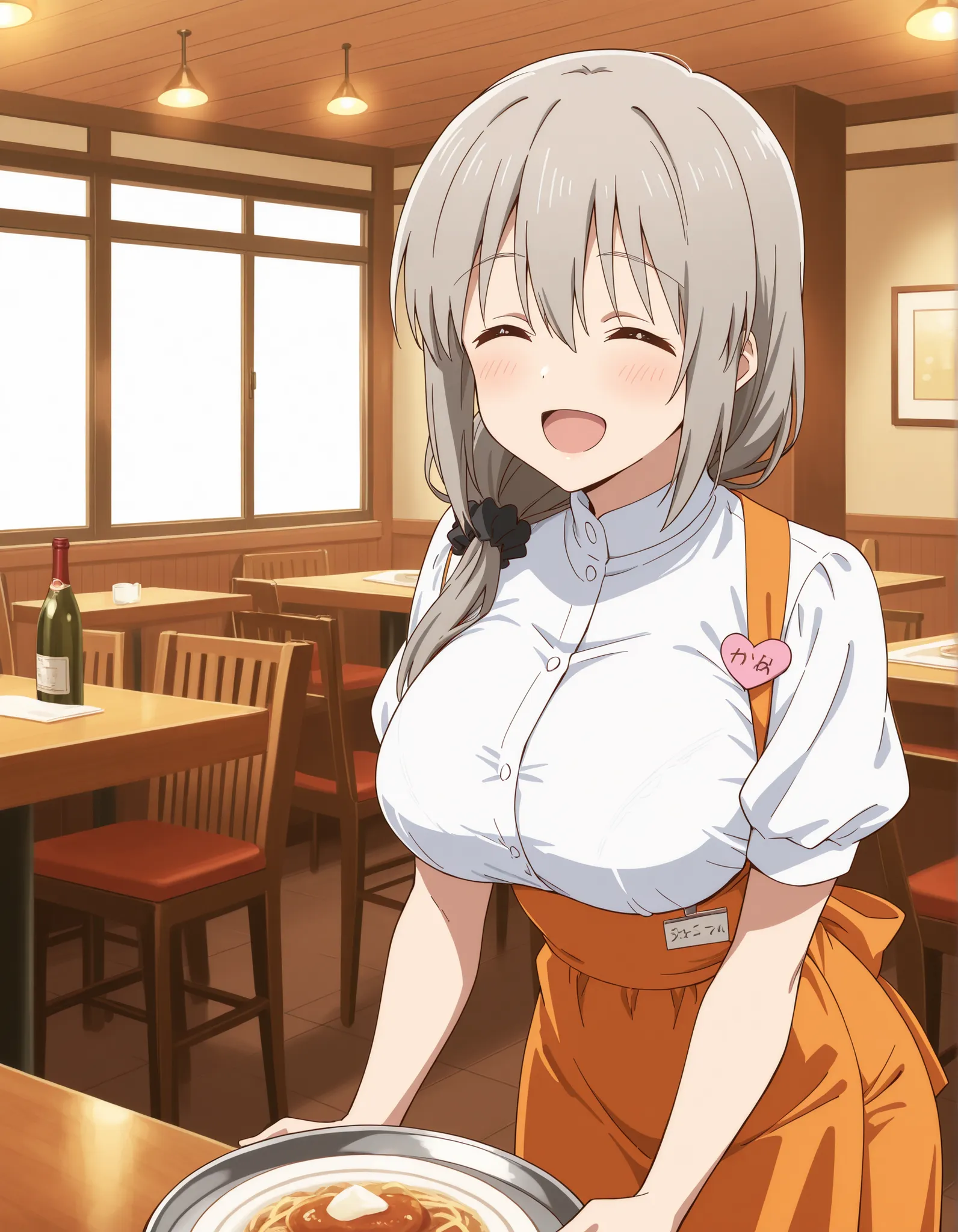 Score_9, score_8_up, score_7_up, source_anime, Tsuki Uzaki, solo, mature female, grey hair, hair over shoulder, hair scrunchie, hair ornament, hair between eyes, bangs, closed eyes, ^_^, large breasts, (best quality), (high quality), {masterpiece}, extreme...