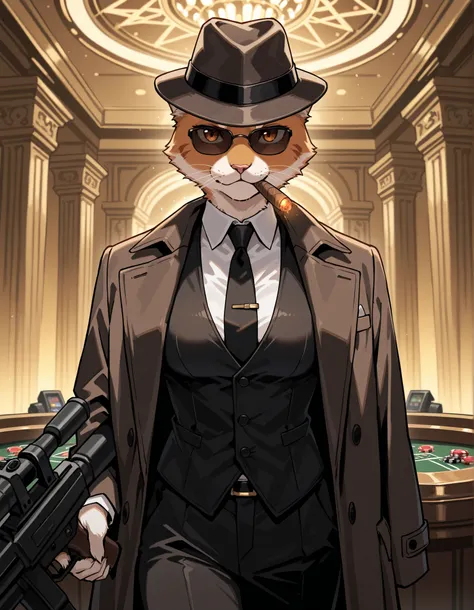 Score_9, score_8_up, score_7_up, source_anime, 1cat, solo, animal focus, sunglasses, (best quality), (high quality), {masterpiece}, extremely delicate and beautiful, ultra-detailed, beautiful detailed eyes, mafi4, necktie, suit, fedora, white shirt, black ...