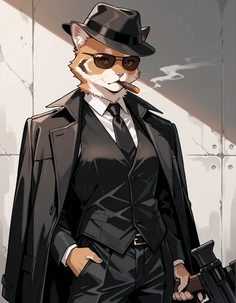 Score_9, score_8_up, score_7_up, source_anime, 1cat, solo, animal focus, sunglasses, (best quality), (high quality), {masterpiece}, extremely delicate and beautiful, ultra-detailed, beautiful detailed eyes, mafi4, necktie, suit, fedora, white shirt, black ...