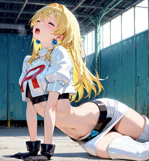 master piece,best quality,ultra detailed,ultra hires,32k,beautiful detailed face,beautiful detailed eyes,looking  at a viewer,blue eyes,long golden hair,background is garage,white cropped short sleeve jacket, black gloves, blue earrings, thighboots, white ...