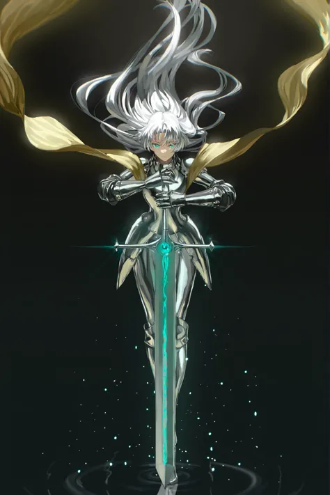 ultra high definition, perfect quality, Fine Details, 1girl, anime style, combat posture, Full of heroic spirit, Silver White Metal Armor, Pink Battle Dress Flying, Gold Long Hair Shawl, Turquoise eyes, Holding a Shining Greatsword,  Fighting Movement Post...