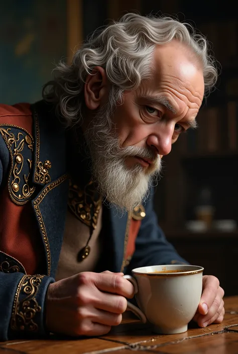 an ancient man from an ancient time stares down at his coffee contemplating where humanity went wrong over the millennium. He was there at the beginning when his dad told him stories of treading through Eden. cinematic lighting, hyper-realistic, uhd, maste...