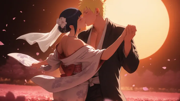 flat color, WaifuDiffusionStyle, neutral background, white splash stylized outline background 1girl, mature_woman, nose, hyuuga_hinata, black_hair, straight_hair, bridal_updo, flower_hairpiece, veil, wedding_kimono, white_kimono, floral_pattern, off_should...
