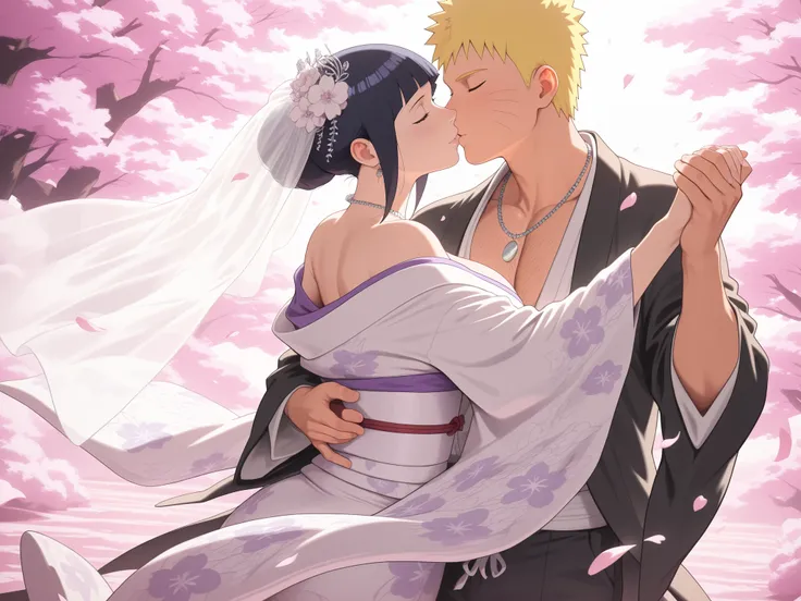 flat color, WaifuDiffusionStyle, neutral background, white splash stylized outline background 1girl, mature_woman, nose, hyuuga_hinata, black_hair, straight_hair, bridal_updo, flower_hairpiece, veil, wedding_kimono, white_kimono, floral_pattern, off_should...