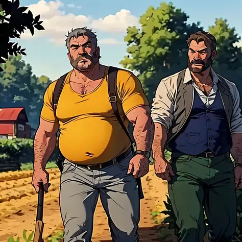 farmerjohn as two brothers: farmer and gangster ( farmer; on left,  fat farmer, gray hair, yellow shirt, 58yo) ( gangswter: on right, dark hair, slim and handsome, gang memeber 30yo ), Comistyle