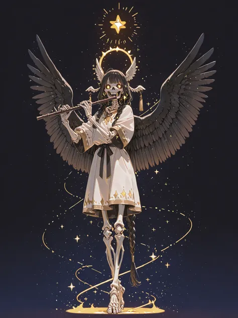 ((full body)) Winged skeleton , BLACK WINGS, with long braided hair, flying pose, clothes tunic with gold details, holds playing a flute, there are several triangles of neon lights in the background, glow lights. Dark background with sparkles of stars.