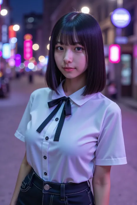 This photo shows a cute Japanese woman, street punk fashion, The image is of very high quality, with clear skin texture. The focus is on her face. The focus is very sharp. Her whole body is in the picture. Her facial expression is sexy. She is facing forwa...