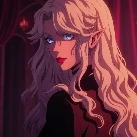 castlevania nocturne netflix art style, castlevania netflix screenshot, scene from the anime, beautiful woman with curly white hair with bangs, blue eyes, wearing a 1792 french revolution style dress, masterpiece, very detailed, 8k, detailed hair and eyes,...