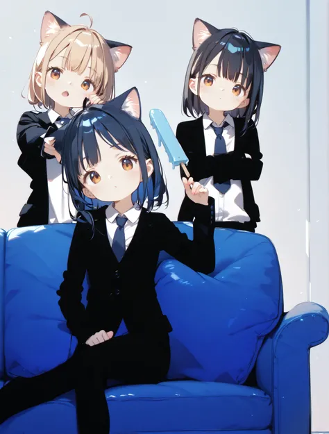 High Definition、High Quality、8k、4k、3 people、 Beautiful girl、Cat ears、sofa、Black Suit、Doya face、popsicles