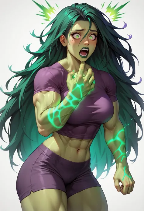 ((White background)) rathing_questionable, (1 girl) (solo girl)  score_9,  score_8_up,   BREAK,  perfect face, 1 girl, ((green skin:1.4)), long hair, green lip, green hair, green eyes, (purple crop top:1.4), (purple shorts:1.4), (breasts:0.4)) , ((muscula...