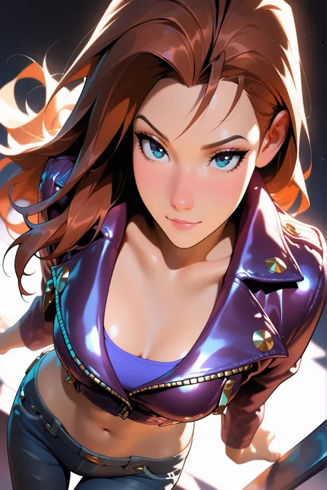 backlighting,(masterpiece, detailed:1.2),vicJustice,dark background, teen, jeans, fitted top, slim, sexy, long hair, upturned look, high angle, brunette, purple leather jacket, cute