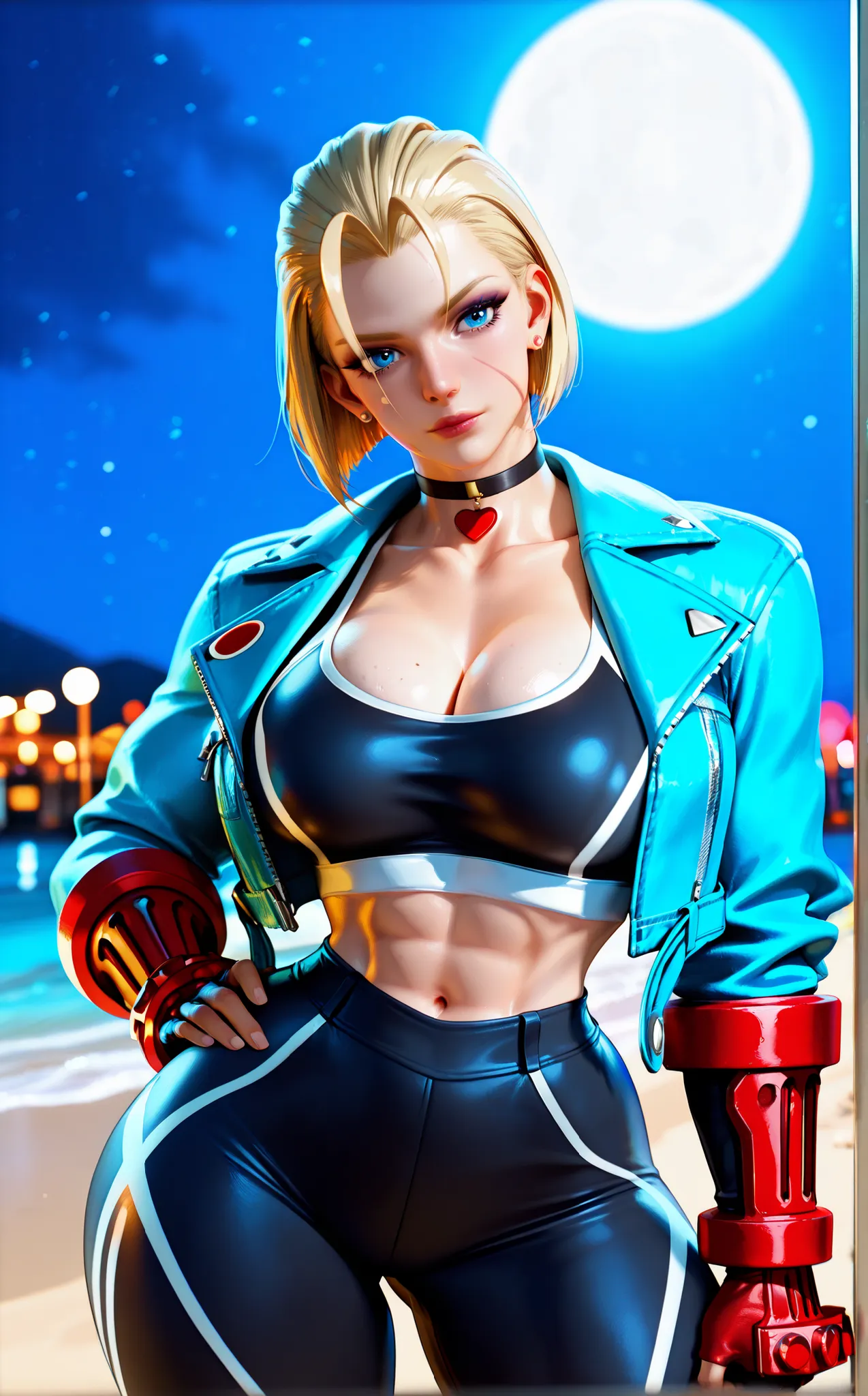 score_9, score_8_up, score_7_up, contrapposto, hands on own hips, head tilt, beach street, night, full moon, depth of field,   BREAK BlueJacket_Cammy_ownwaifu, 1girl, blonde hair, cammy white, scar on face, blue eyes, blue jacket, scar on cheek, short hair...